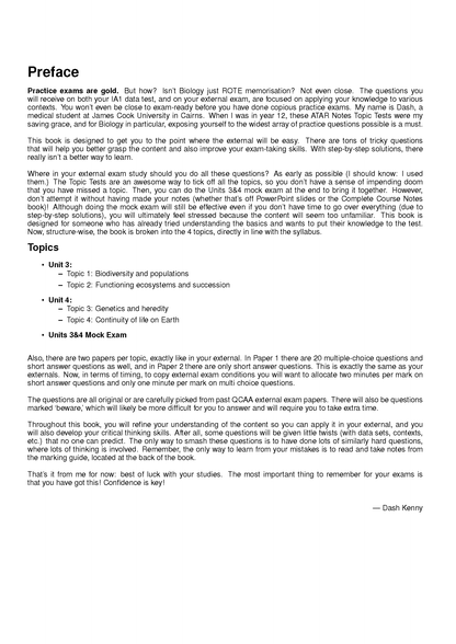 Biology Topic Tests book by ATAR Notes, showing a white page with a preface and a list of biology topics.