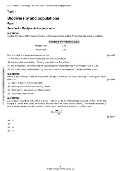 Biology Topic Tests printed page by ATAR Notes, showing multiple-choice questions about biodiversity with tables and formulas.