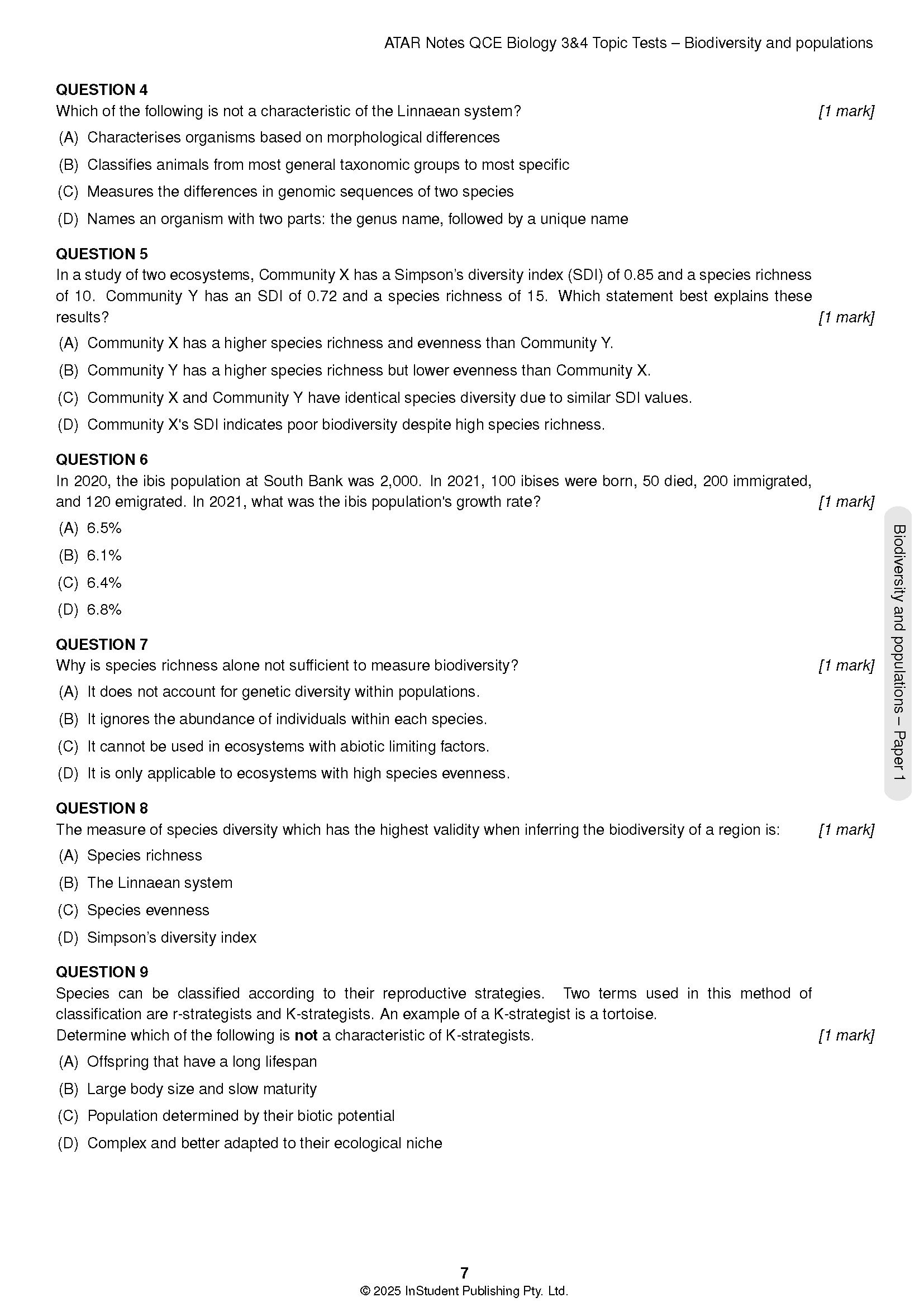 Biology Topic Tests from ATAR Notes, displaying a page of multiple-choice questions on biodiversity and populations.