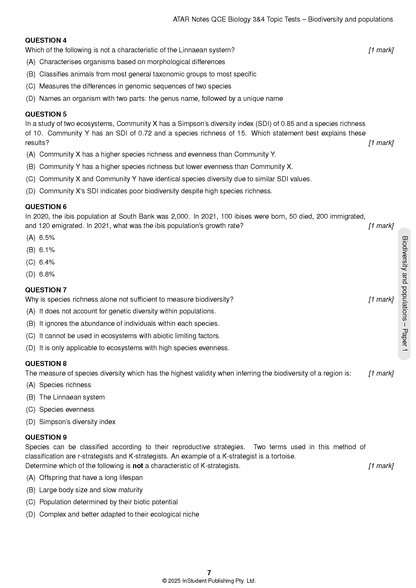 Biology Topic Tests from ATAR Notes, displaying a page of multiple-choice questions on biodiversity and populations.