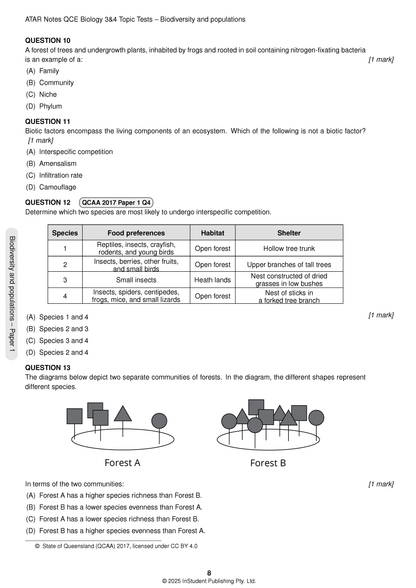 Biology topic test page by ATAR Notes, showing questions on biodiversity and populations with diagrams and tables.