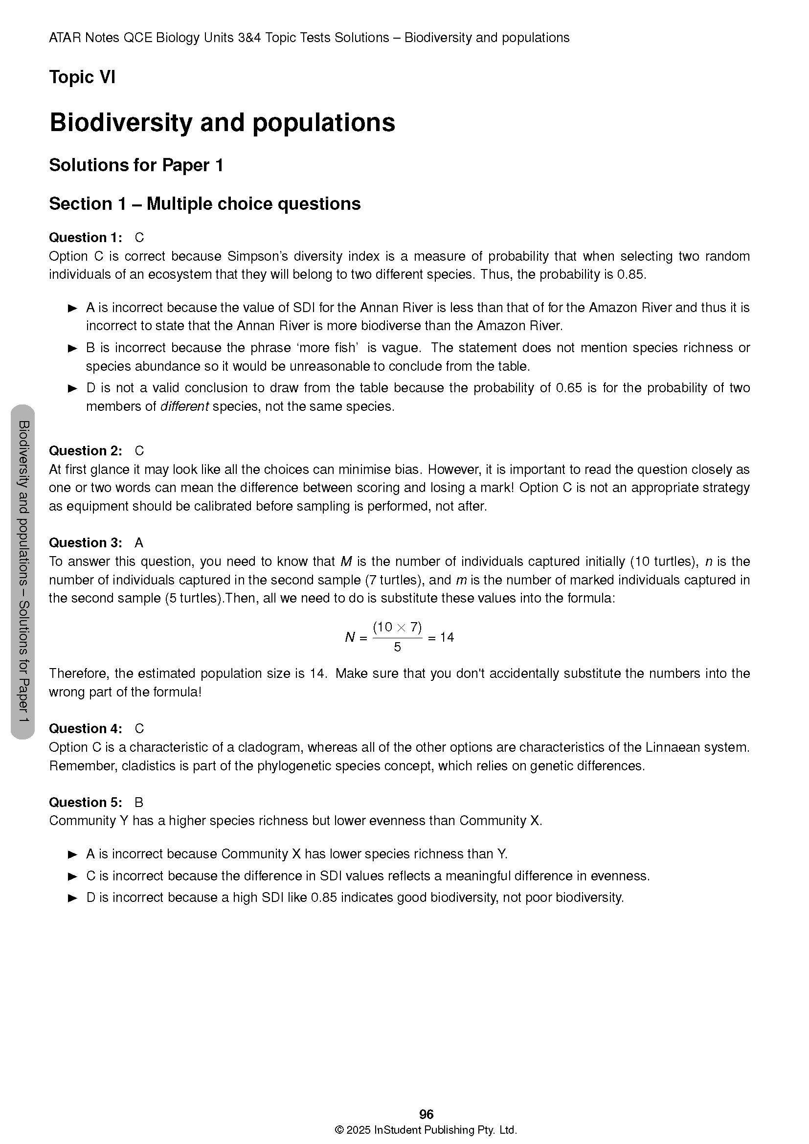 Biology Topic Test booklet pages by ATAR Notes showing solutions for biodiversity and populations questions.