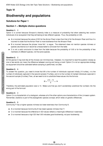 Biology Topic Test booklet pages by ATAR Notes showing solutions for biodiversity and populations questions.