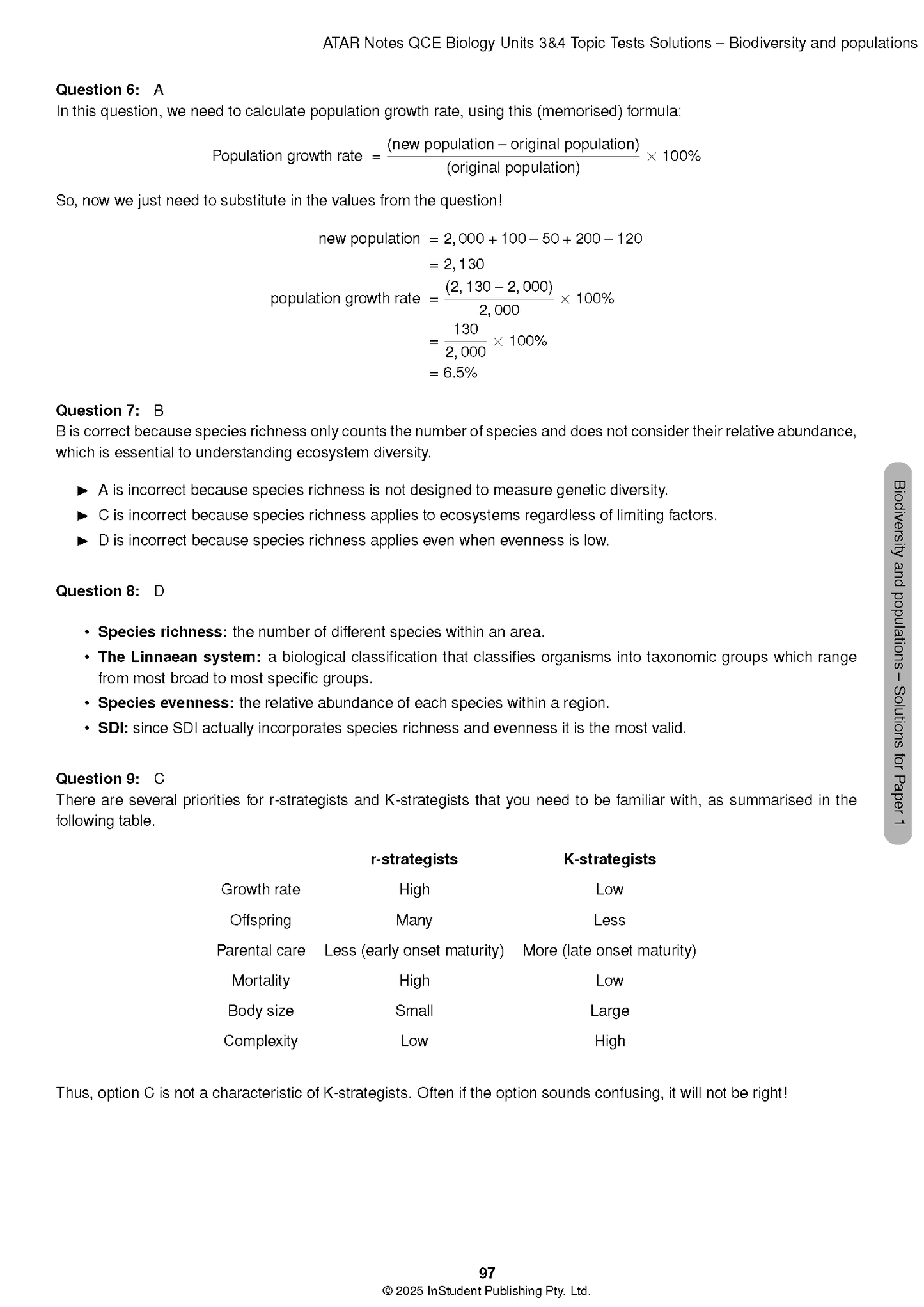 Biology Topic Tests solutions from ATAR Notes, with questions and calculations in black text on white pages.
