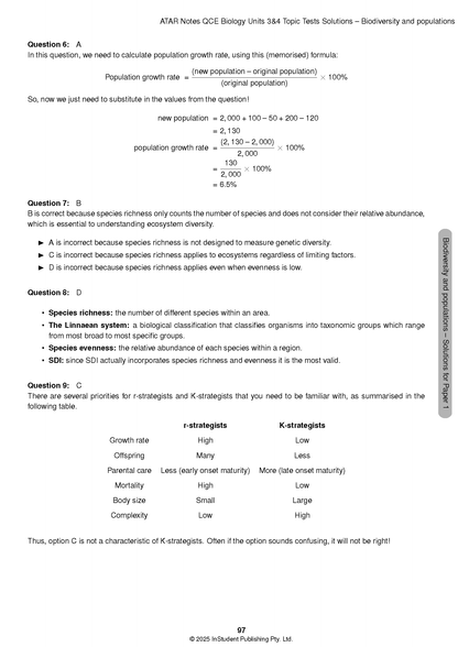 Biology Topic Tests solutions from ATAR Notes, with questions and calculations in black text on white pages.