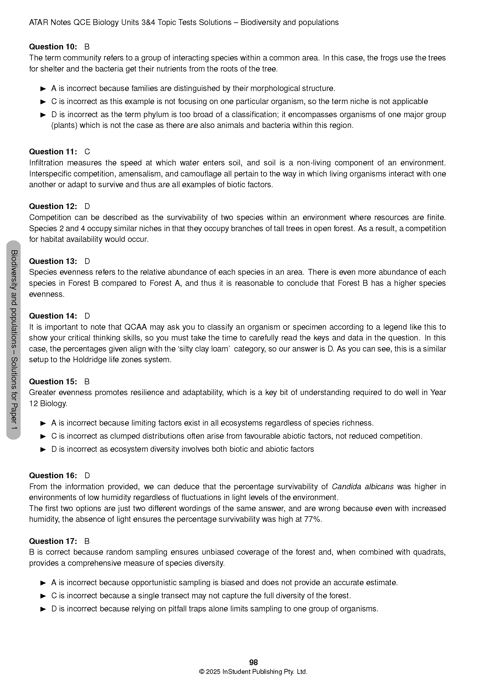 QCE Biology 3&4 Topic Tests solutions page by ATAR Notes, displaying questions 10-17 and detailed explanations.