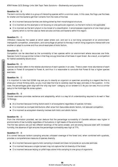 QCE Biology 3&4 Topic Tests solutions page by ATAR Notes, displaying questions 10-17 and detailed explanations.