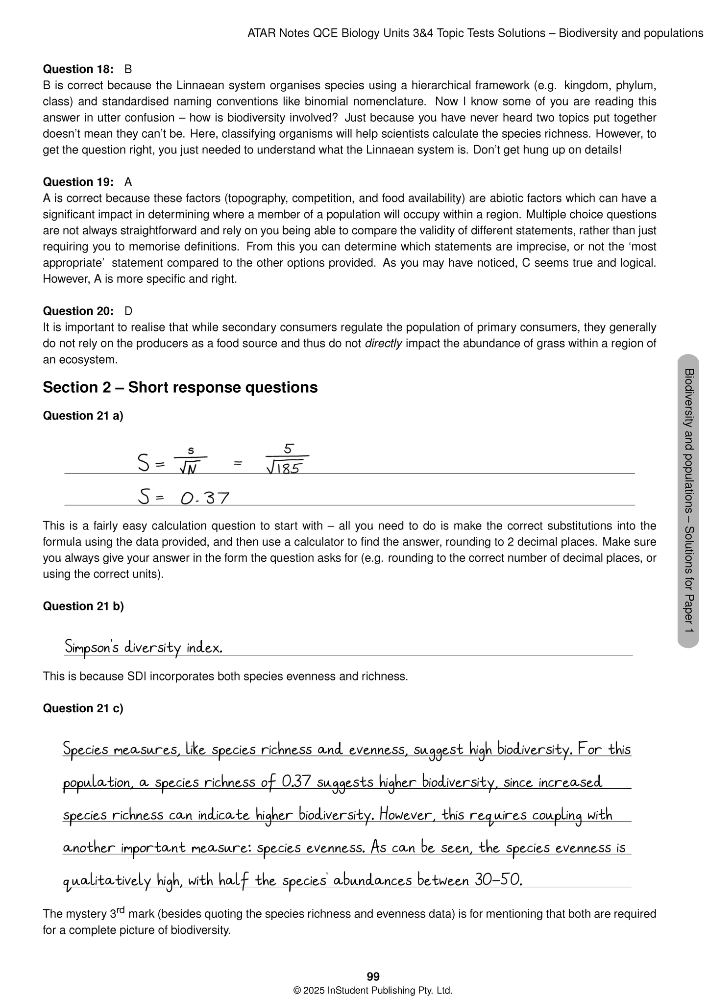 QCE Biology Topic Tests 3&4 by ATAR Notes, featuring a page with solution text, mathematical formulas, and handwritten notes.