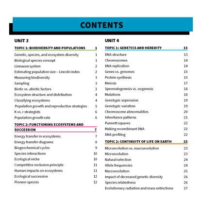 Biology summary sheets by ATAR Notes displaying a table of contents page with black text and colorful topic headings.