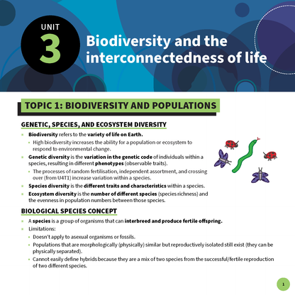 Summary Sheets by ATAR Notes displaying Unit 3 Biology content on biodiversity, genetic and species diversity, with cartoon insects and a snake.