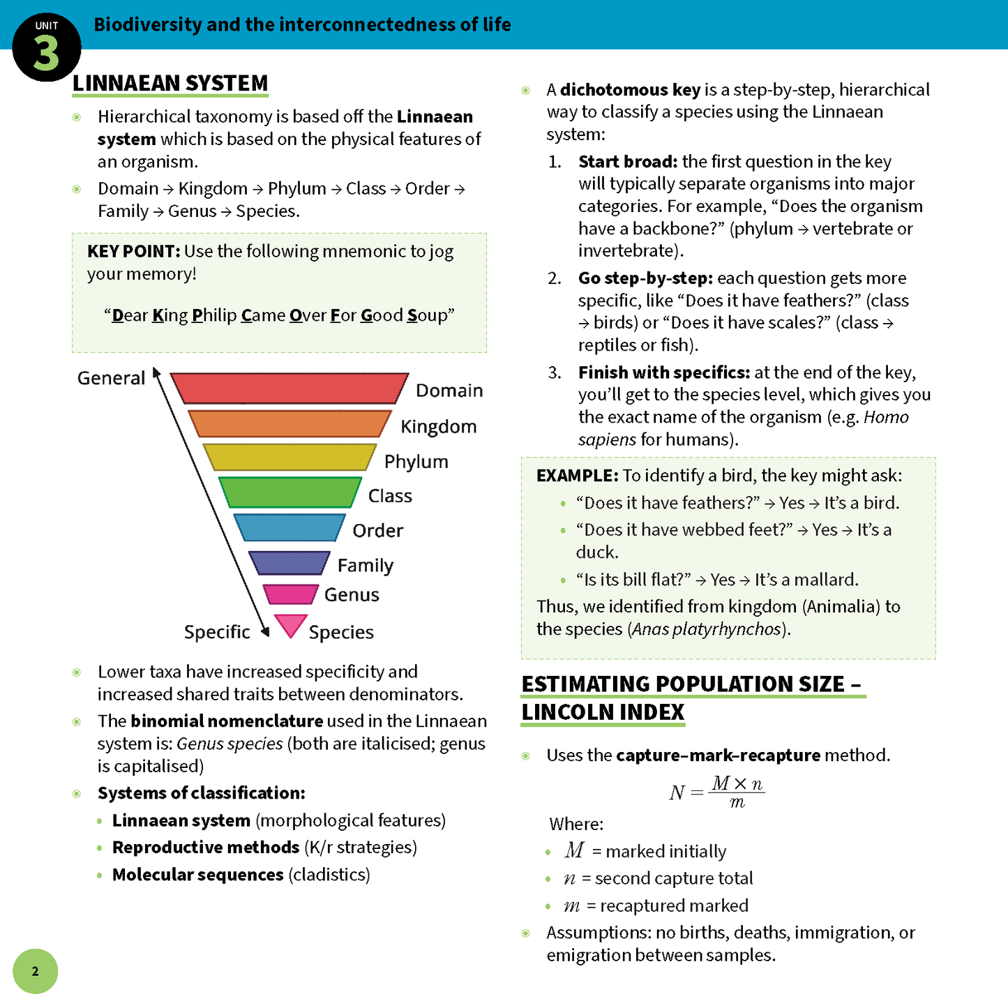 A page from QCE Biology Summary Sheets by ATAR Notes, detailing the Linnaean System, Dichotomous Key, and population size estimation with a colorful diagram and green header.