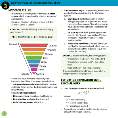 A page from QCE Biology Summary Sheets by ATAR Notes, detailing the Linnaean System, Dichotomous Key, and population size estimation with a colorful diagram and green header.