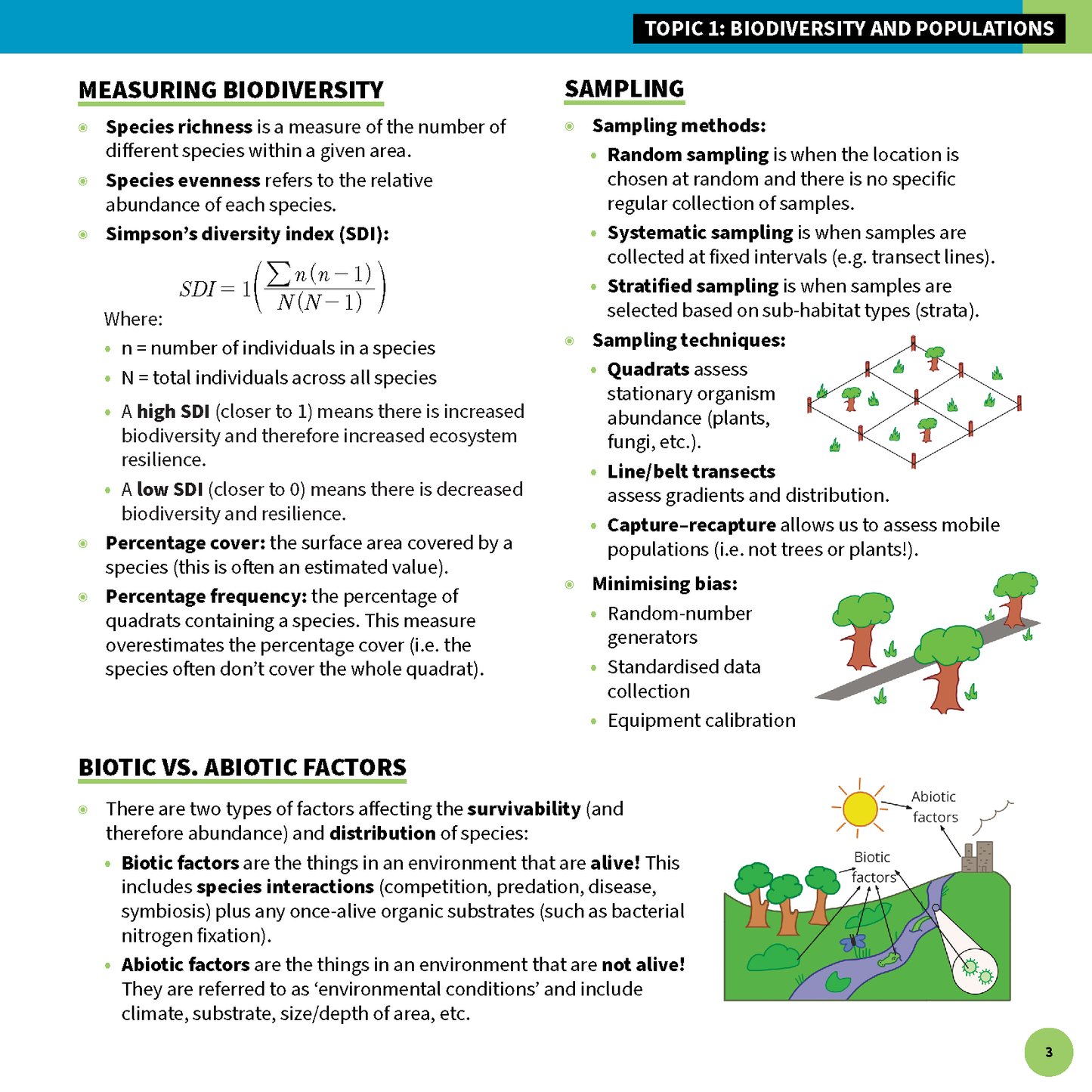 Biology summary sheet from ATAR Notes, detailing biodiversity, sampling, and biotic/abiotic factors with diagrams.