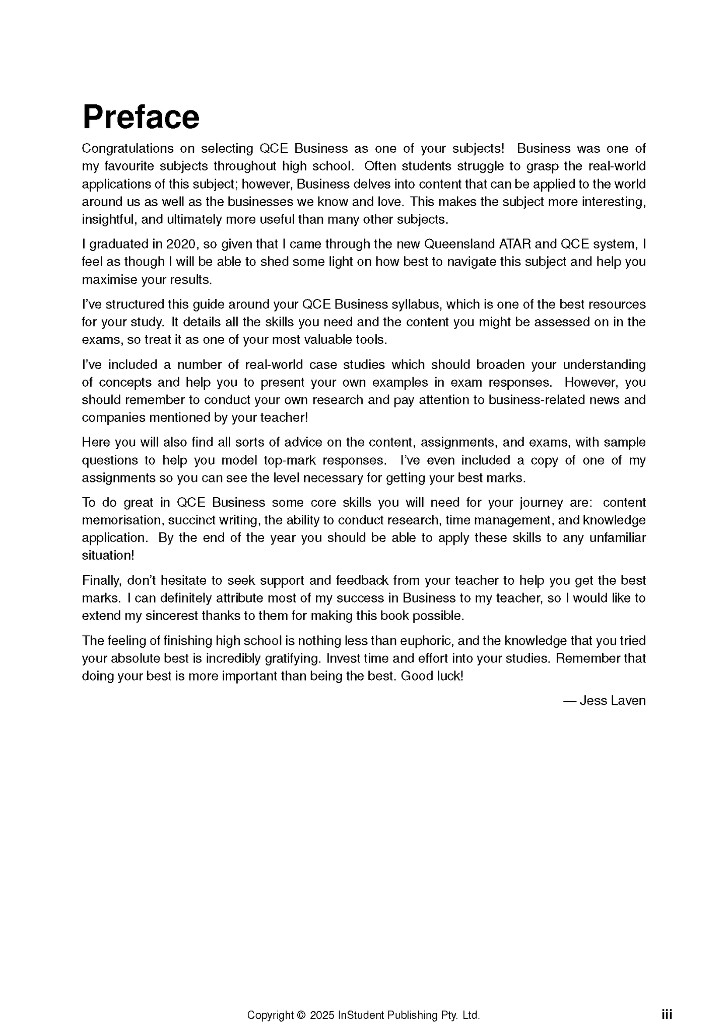 White page from QCE Business course notes by ATAR Notes, showing the 'Preface' section with black text.