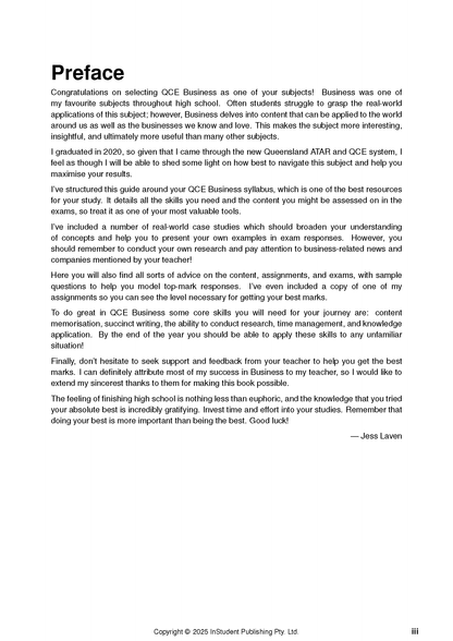 White page from QCE Business course notes by ATAR Notes, showing the 'Preface' section with black text.