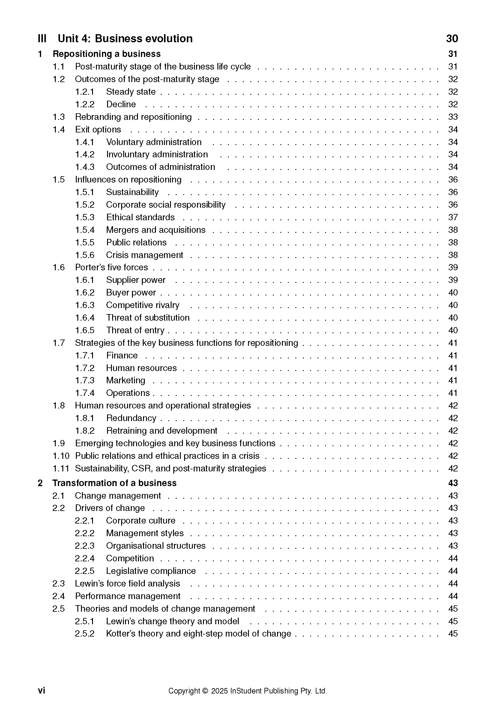 Course notes by ATAR Notes, a cropped page showing a table of contents for Business evolution with page numbers.