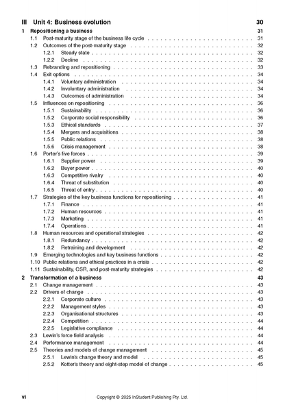 Course notes by ATAR Notes, a cropped page showing a table of contents for Business evolution with page numbers.