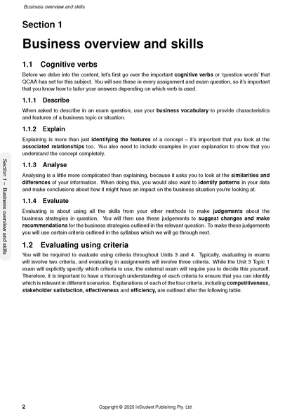 Cropped monochrome course notes page by ATAR Notes, displaying headings and text about business overview and skills.