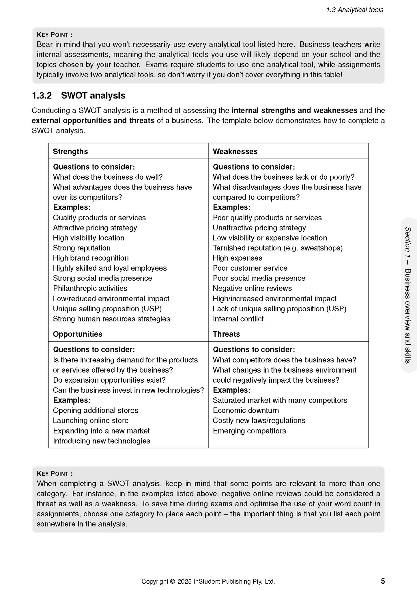QCE Business Course Notes by ATAR Notes, full page showing a SWOT analysis table with Strengths, Weaknesses, Opportunities, and Threats, and KEY POINT boxes.