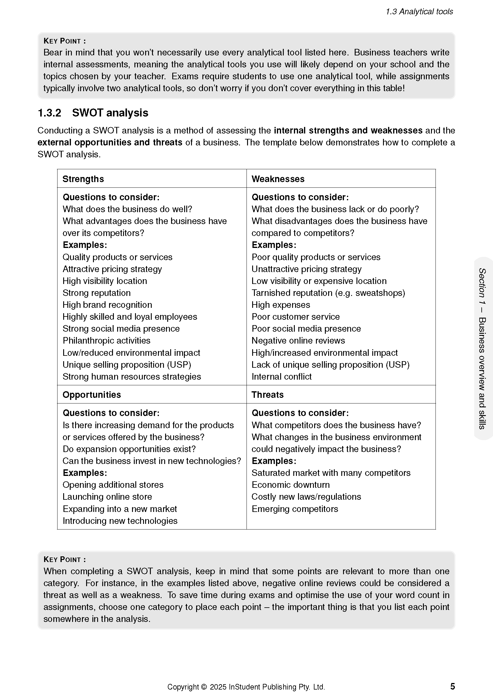 QCE Business Course Notes by ATAR Notes, full page showing a SWOT analysis table with Strengths, Weaknesses, Opportunities, and Threats, and KEY POINT boxes.