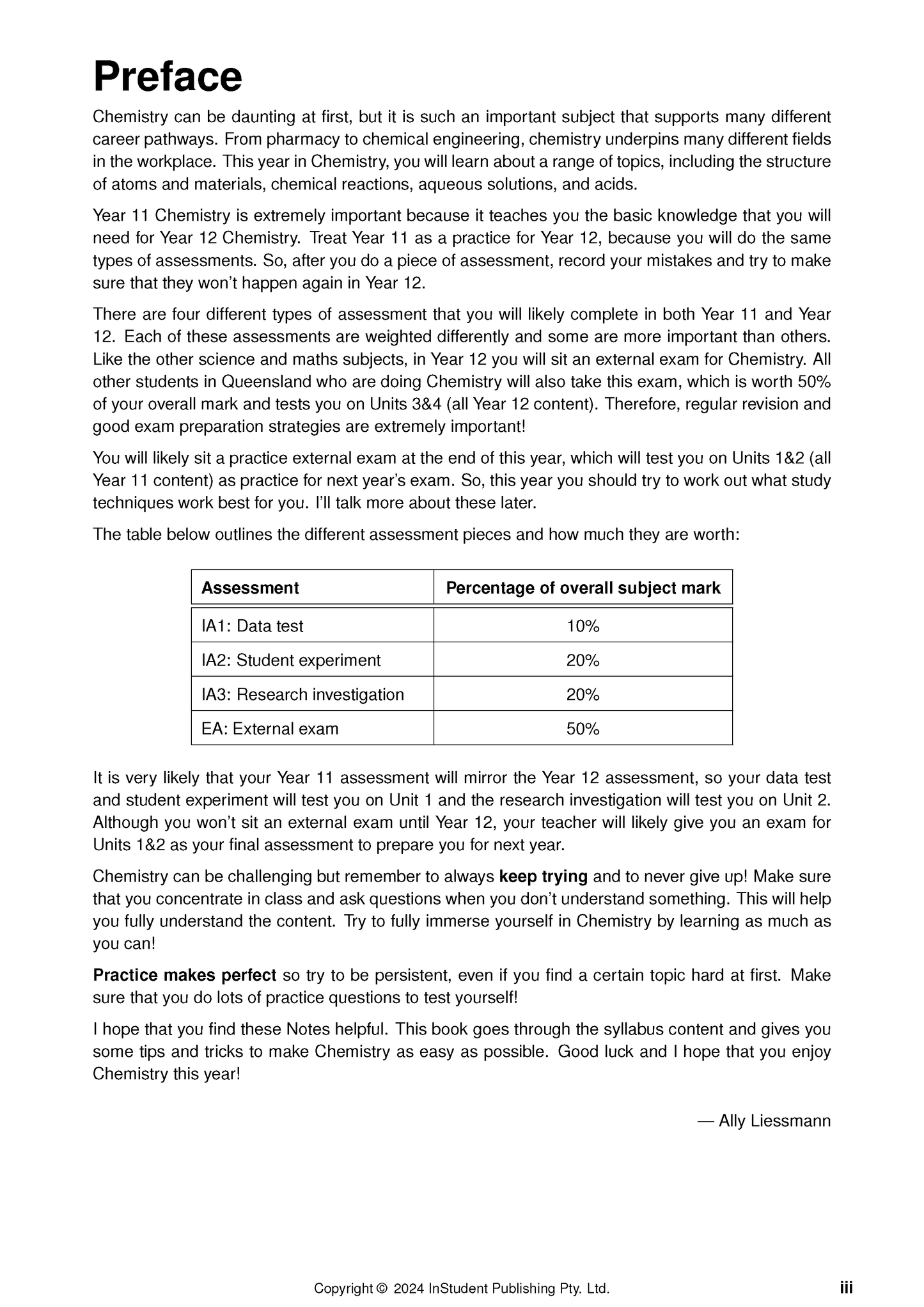 A page from Chemistry course notes by ATAR Notes, with 'Preface' title, introductory paragraphs, and an assessment table.