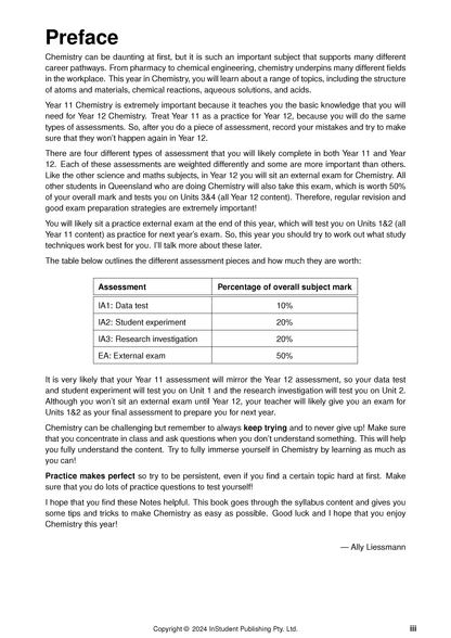 A page from Chemistry course notes by ATAR Notes, with 'Preface' title, introductory paragraphs, and an assessment table.