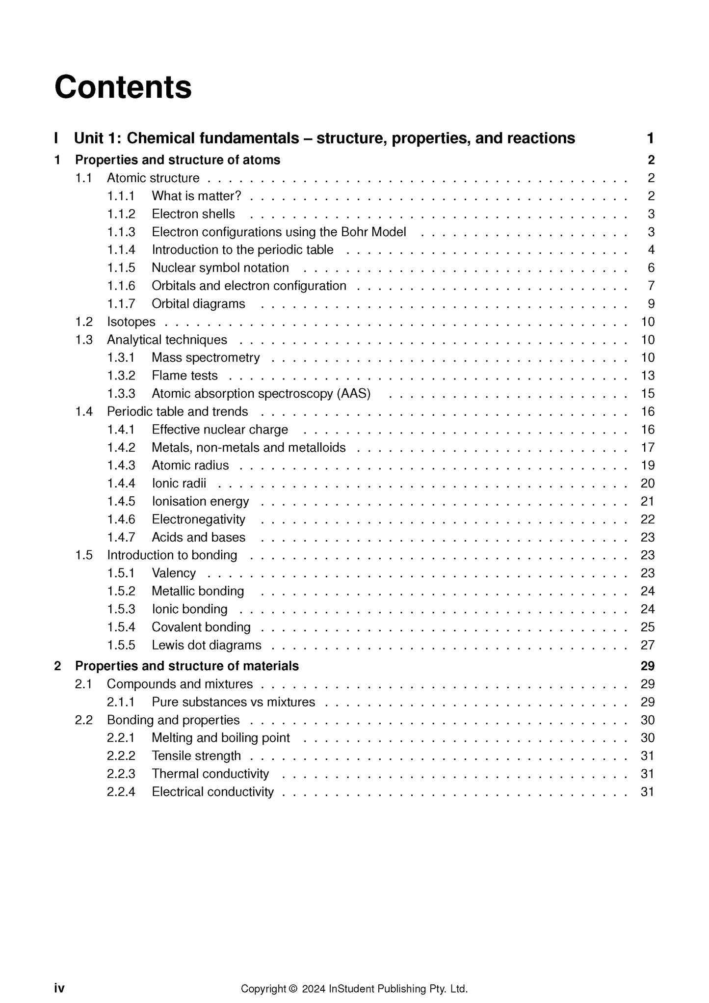 Chemistry course notes by ATAR Notes, showing a detailed table of contents page with units and topics listed.