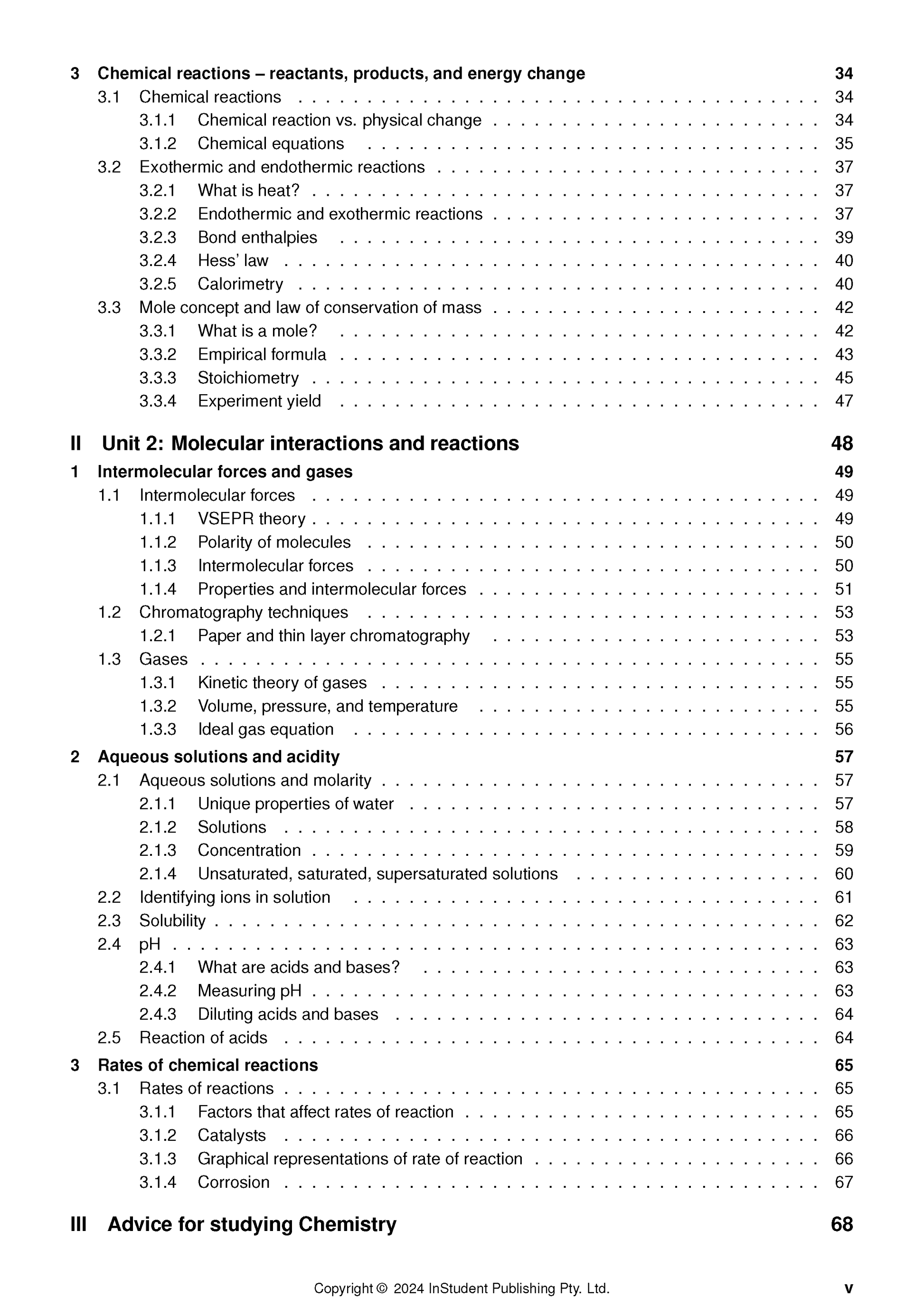 Chemistry Course Notes by ATAR Notes, showing a detailed table of contents with section titles and page numbers.