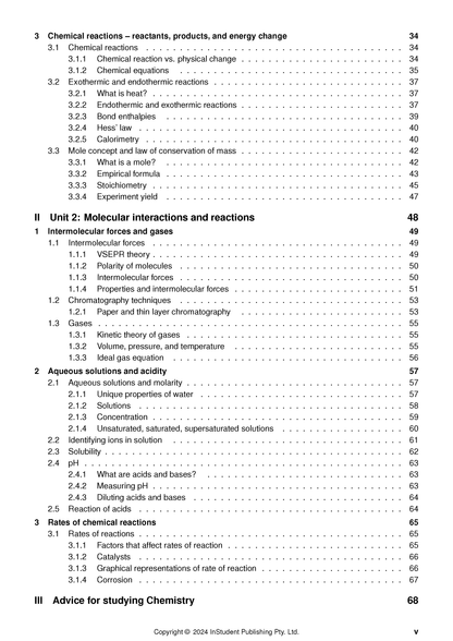Chemistry Course Notes by ATAR Notes, showing a detailed table of contents with section titles and page numbers.