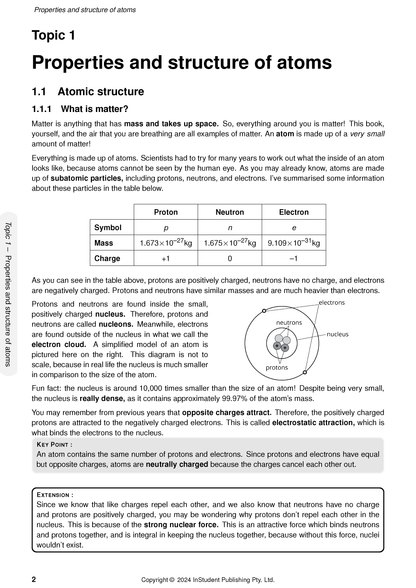 QCE Chemistry 1&2 Complete Course Notes by ATAR Notes, showing a page on atomic structure with a particle table and diagram.