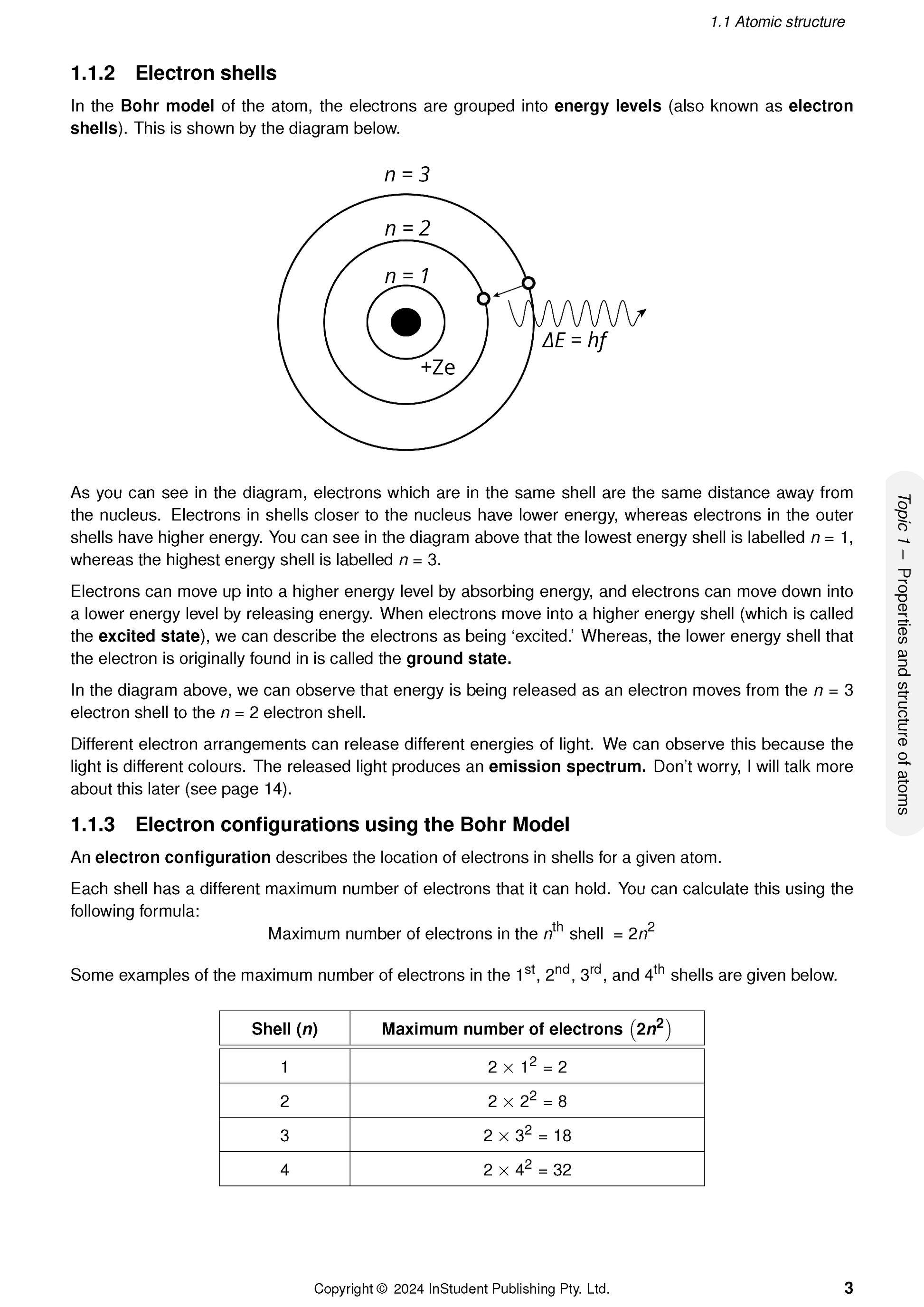 QCE Chemistry 1&2 Complete Course Notes (2025-2027) by ATAR Notes, open to a page with an electron shell diagram and calculation table.