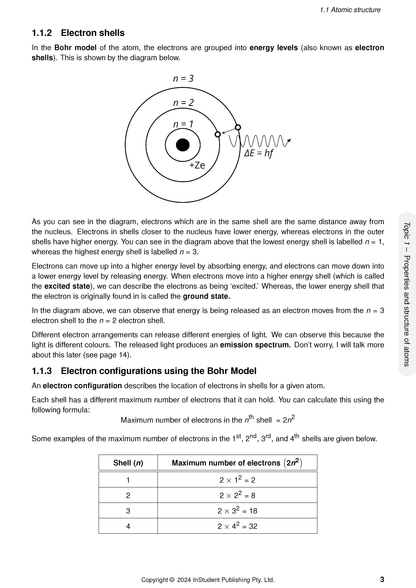 QCE Chemistry 1&2 Complete Course Notes (2025-2027) by ATAR Notes, open to a page with an electron shell diagram and calculation table.