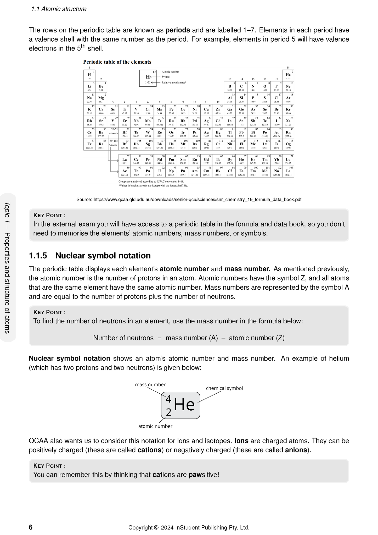 QCE Chemistry 1&2 Complete Course Notes by ATAR Notes, displaying a detailed page with text, a periodic table, and nuclear symbol notation.
