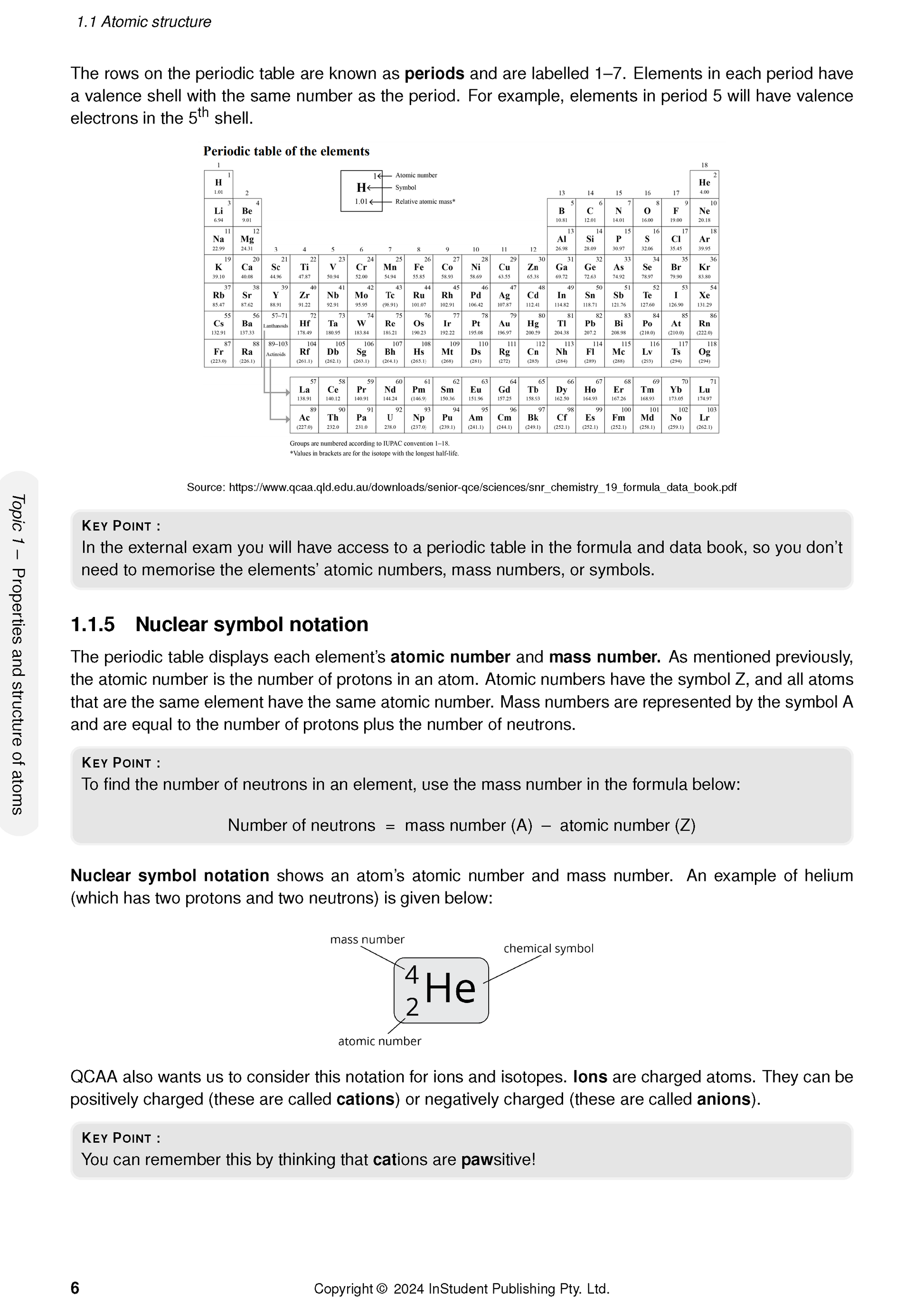 QCE Chemistry 1&2 Complete Course Notes by ATAR Notes, displaying a detailed page with text, a periodic table, and nuclear symbol notation.