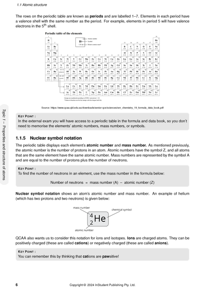 QCE Chemistry 1&2 Complete Course Notes by ATAR Notes, displaying a detailed page with text, a periodic table, and nuclear symbol notation.
