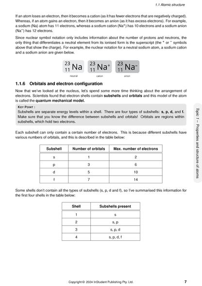 QCE Chemistry 1&2 Complete Course Notes page by ATAR Notes, with text on atomic structure, orbitals, and electron configuration tables.