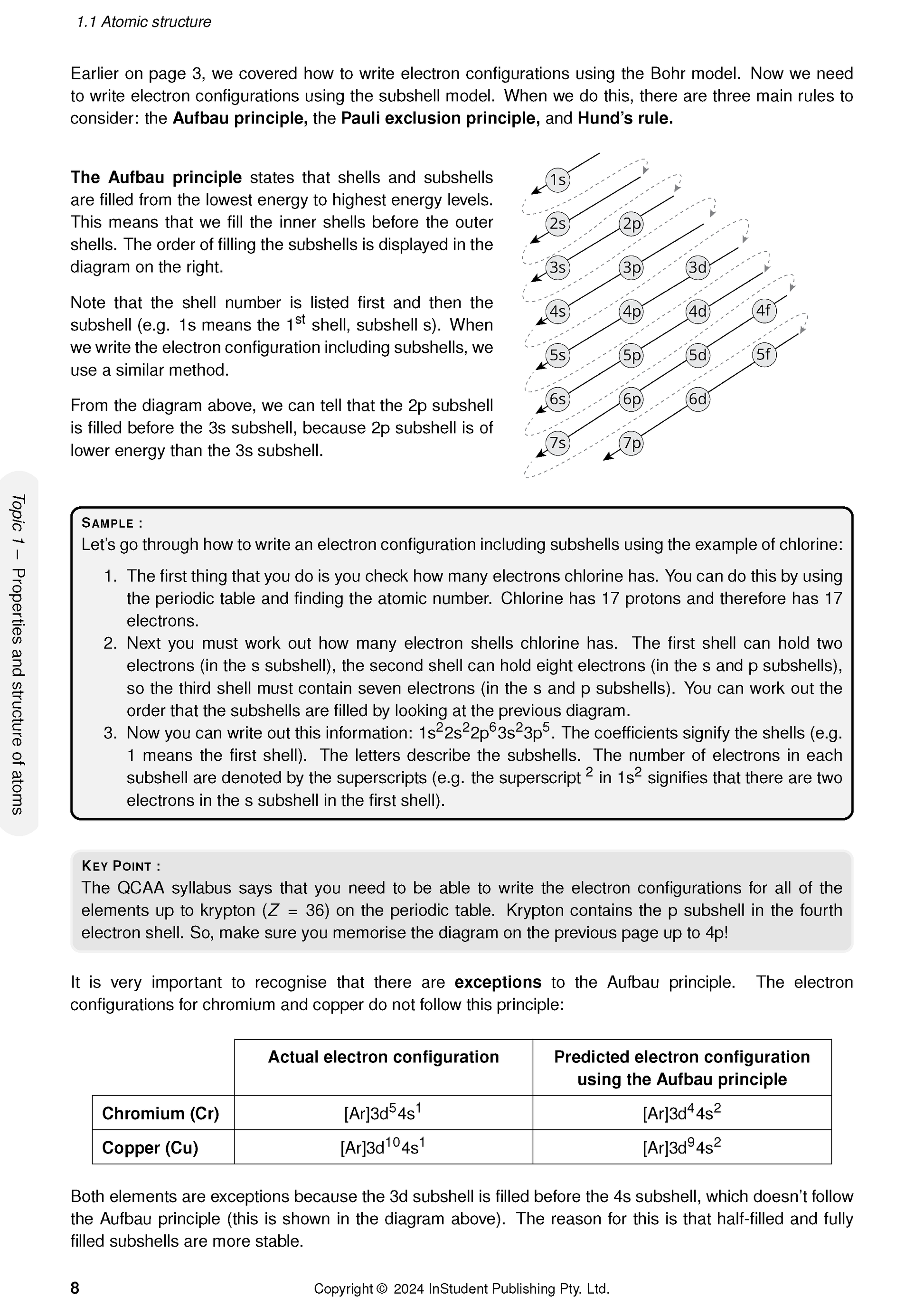 Chemistry course notes from ATAR Notes showing atomic structure explanations and electron configuration rules on page 8.