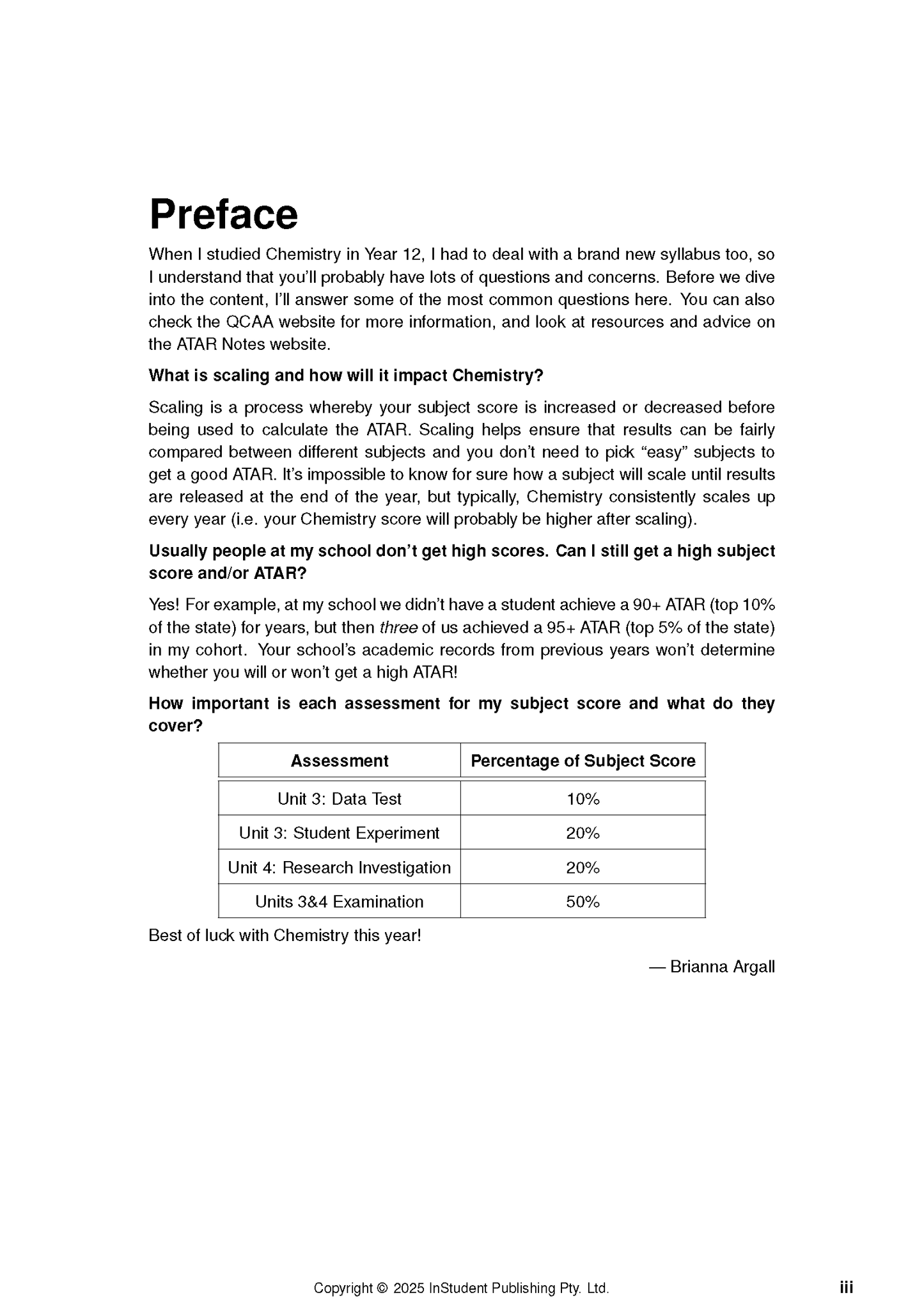 Chemistry Course Notes by ATAR Notes, displaying a preface, questions about scaling, and an assessment weightings table.