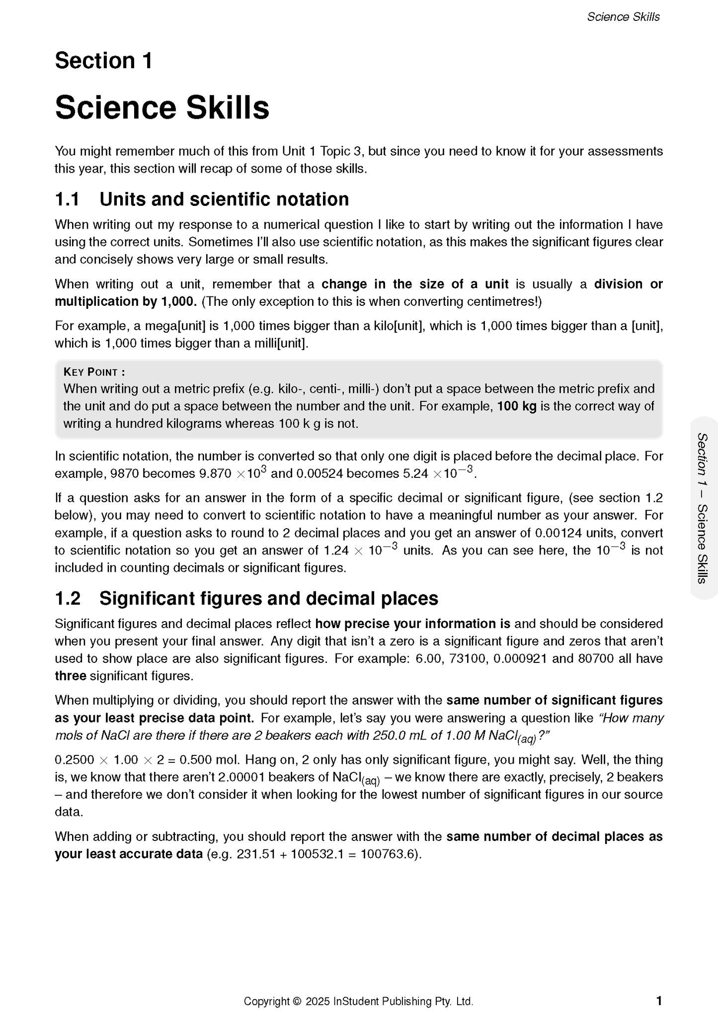White page of course notes by ATAR Notes, displaying the "Science Skills" section with text and examples.