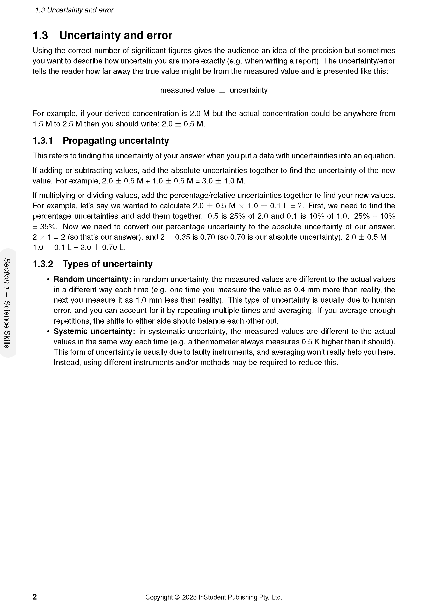 Chemistry Course Notes page by ATAR Notes, detailing uncertainty and error calculations with examples.