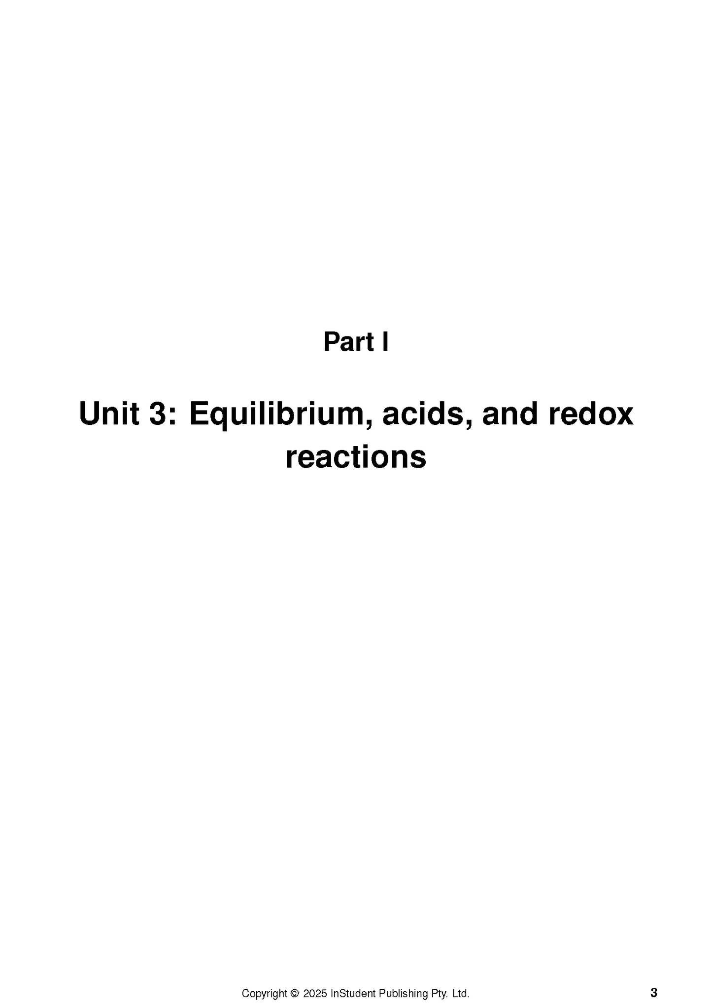 White page from complete course notes by ATAR Notes, displaying 'Unit 3: Equilibrium, acids, and redox reactions' and copyright details.