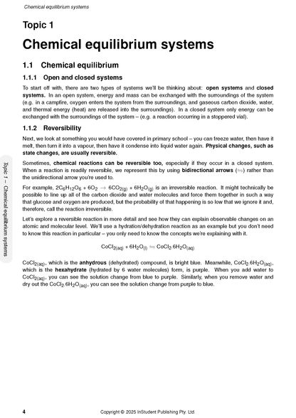 White page of Chemistry course notes by ATAR Notes, displaying Topic 1, chemical equilibrium systems, equations, and page 4.