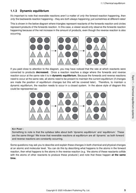 QCE Chemistry course notes by ATAR Notes, displaying a page on dynamic equilibrium with diagrams of circles and triangles.