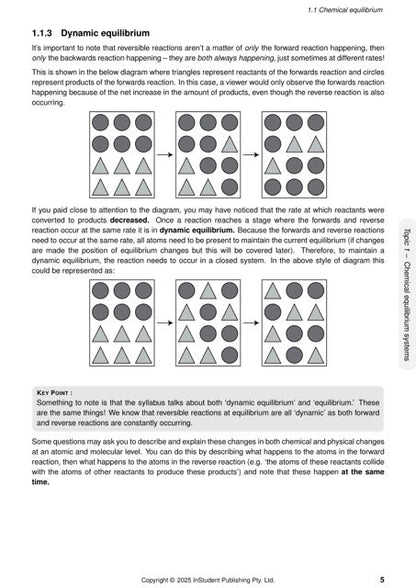 QCE Chemistry course notes by ATAR Notes, displaying a page on dynamic equilibrium with diagrams of circles and triangles.