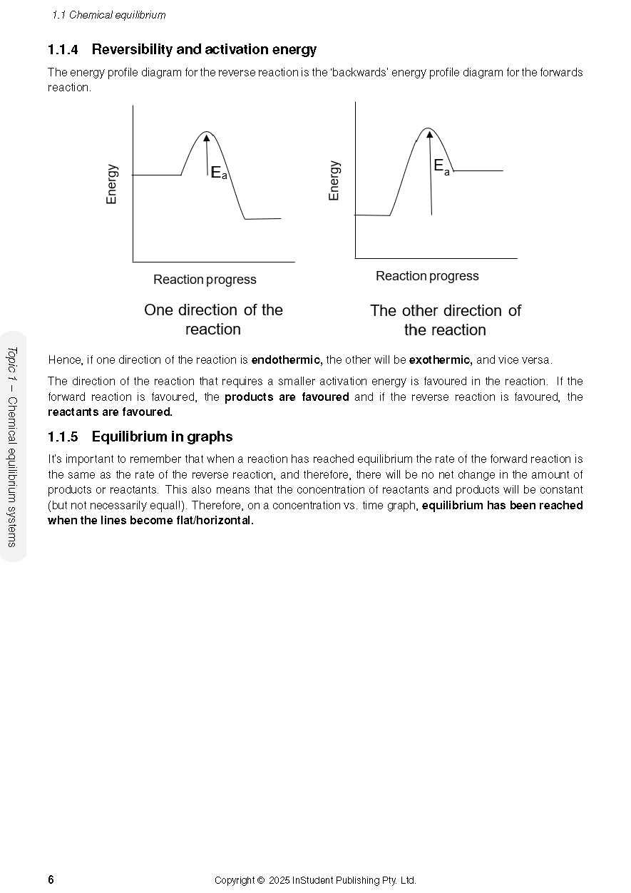Course Notes by ATAR Notes, a page displaying chemical equilibrium concepts with energy profile diagrams and text.
