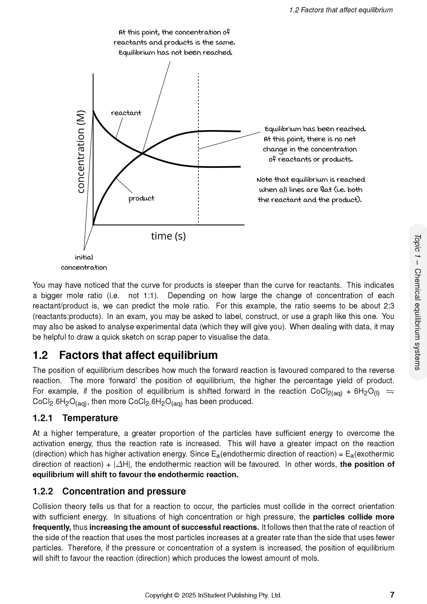Chemistry Course Notes page by ATAR Notes, displaying chemical equilibrium concepts with a reactant/product concentration graph and explanatory text, page 7.