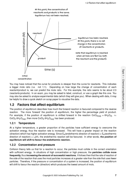 Chemistry Course Notes page by ATAR Notes, displaying chemical equilibrium concepts with a reactant/product concentration graph and explanatory text, page 7.