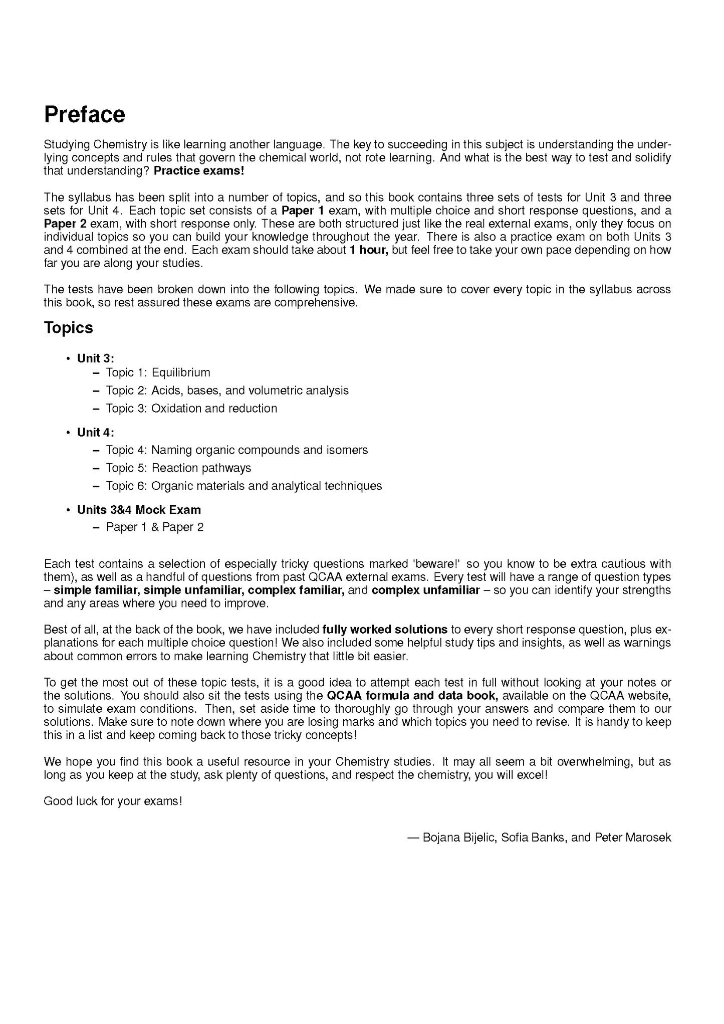 Preface page of Topic Tests by ATAR Notes, displaying black text on a white background outlining the book's content.