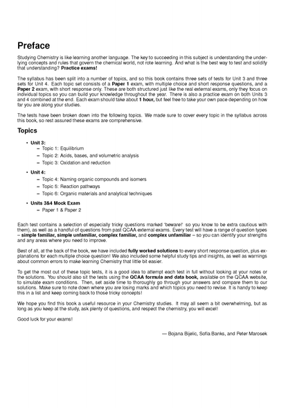 Preface page of Topic Tests by ATAR Notes, displaying black text on a white background outlining the book's content.