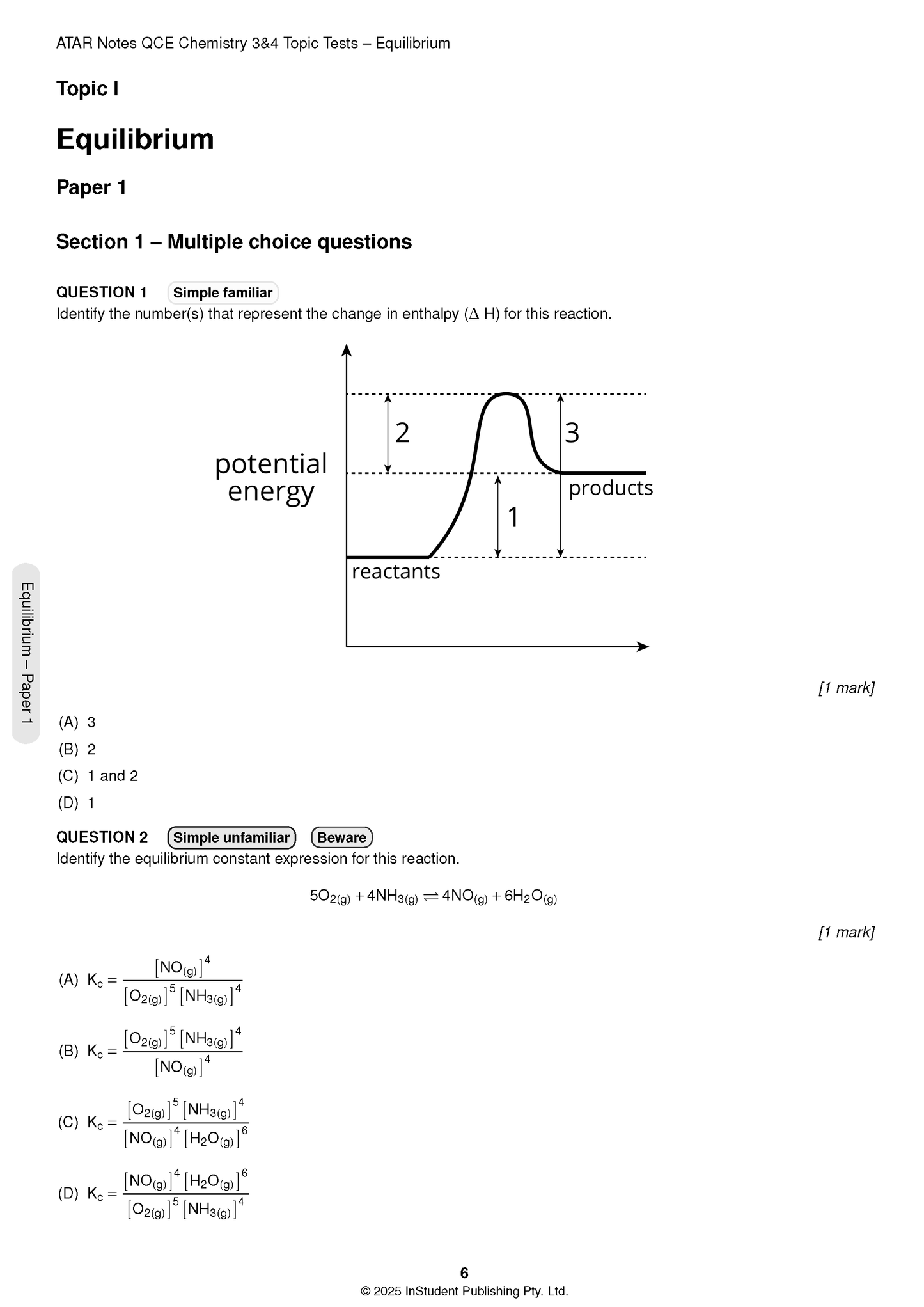 Chemistry Topic Test page by ATAR Notes, showing multiple-choice questions, a reaction energy diagram, and an equilibrium expression.